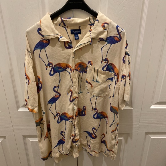 Arizona Jean Company Pink Flamingos Palm Pocket Button Shirt Collar XXL Viscose‎ - Picture 1 of 6
